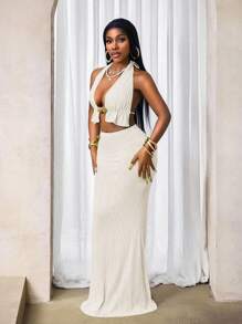 BamGleam 时尚秋季女士夏季度假纹理金属装饰镂空露背吊带上衣和半身裙套装 - 杏色 - 查看 3