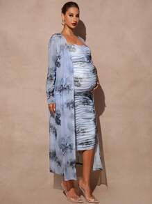 MaterniChic 2pcs/Set Pregnant Women Party Wear Sequined Long Cardigan And Solid Color Ruched Fitted Tube Dress, For Baby Shower Party, For Maternity  Fall Clothes  Maternity  Baby Shower - Blue - View 7
