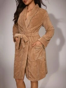 Lazeform 女士长袖抓绒休闲睡袍，带口袋，秋冬季舒适优雅，细节考究，适合秋冬穿搭，蓬松柔软。 - 卡其色 - 查看 4