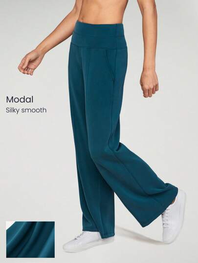 GLOWMODE Modal Silk Touch Wide Leg High Waist Lounge Pants With Side Pockets Daily Casual Fall