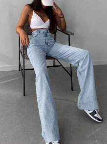 ZIRRA 女式休闲水洗高腰直筒牛仔裤 - 淺色水洗藍 - 查看 4