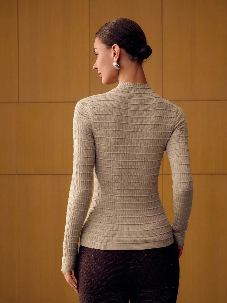 FAUX PEARLS AND RHINESTONE DETAIL MOCK NECK SLIM FIT TEXTURED KNIT SWEATER KNIT PULLOVER FALL WINTER