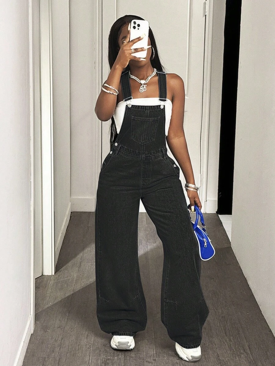 Slaydiva 女式宽松牛仔背带裤 - 黑色 - 查看 1