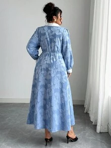 Elenzga 大码女式法式休闲提花长袖连衣裙蓝色碎花连衣裙纽扣连衣裙翻领连衣裙女式连衣裙 - 淺藍色 - 查看 2