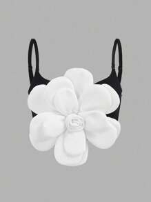 SHEIN SXY Elegant Sexy Casual Date Romantic Urban Commute Nightclub Party Black & White Contrast Oversized Floral Decor Camisole Top With Built-In Bra, Spring/Summer - Black and White - View 1
