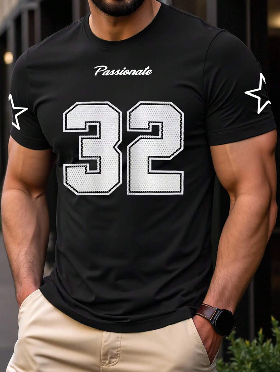 Manfinity Homme Áo thun nam cổ tròn tay ngắn họa tiết số thường ngày, đa năng cho mùa hè - màu đen - Xem 1