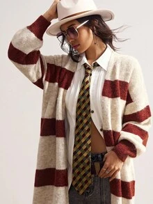 Bohemela Boho Women's Beige Autumn 90s Retro Back-To-School Long Cardigan,Vintage Loose Striped Knit Sweater,Western Country Style School Concert Vacation - Khaki - View 5
