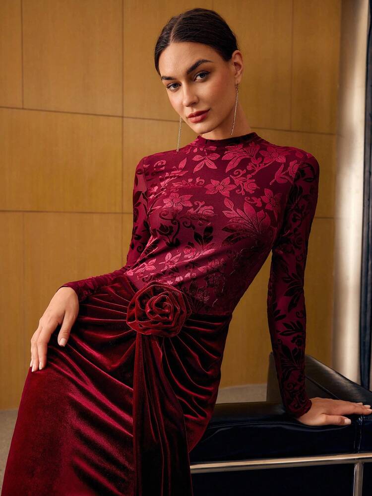 VELVET JACQUARD FLORAL DECOR DRESS, AUTUMN/WINTER