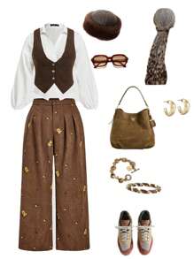 SHEIN MOD Plus Size Embroidered Corduroy Khaki Pants | Summer ,Early Autumn 2025,Comfort Fit Plus Size Embroidered Corduroy Pants - Khaki & Stylish - Coffee Brown - View 1