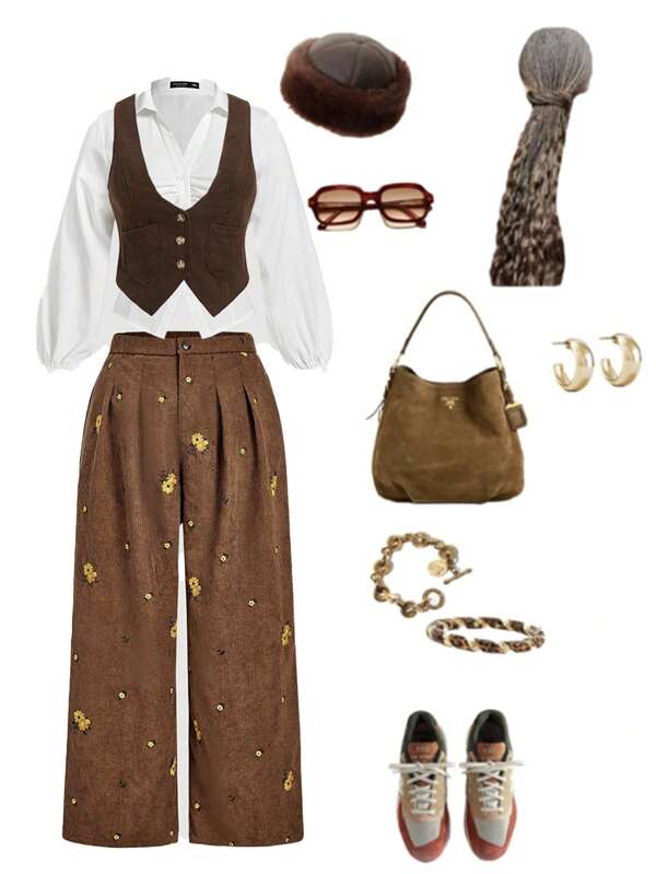 SHEIN MOD Plus Size Embroidered Corduroy Khaki Pants | Summer ,Early Autumn 2025,Comfort Fit Plus Size Embroidered Corduroy Pants - Khaki & Stylish