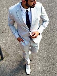 Manfinity Mode Men's Notched Lapel Single-Breasted Formal Suit Set - Light Grey - View 1