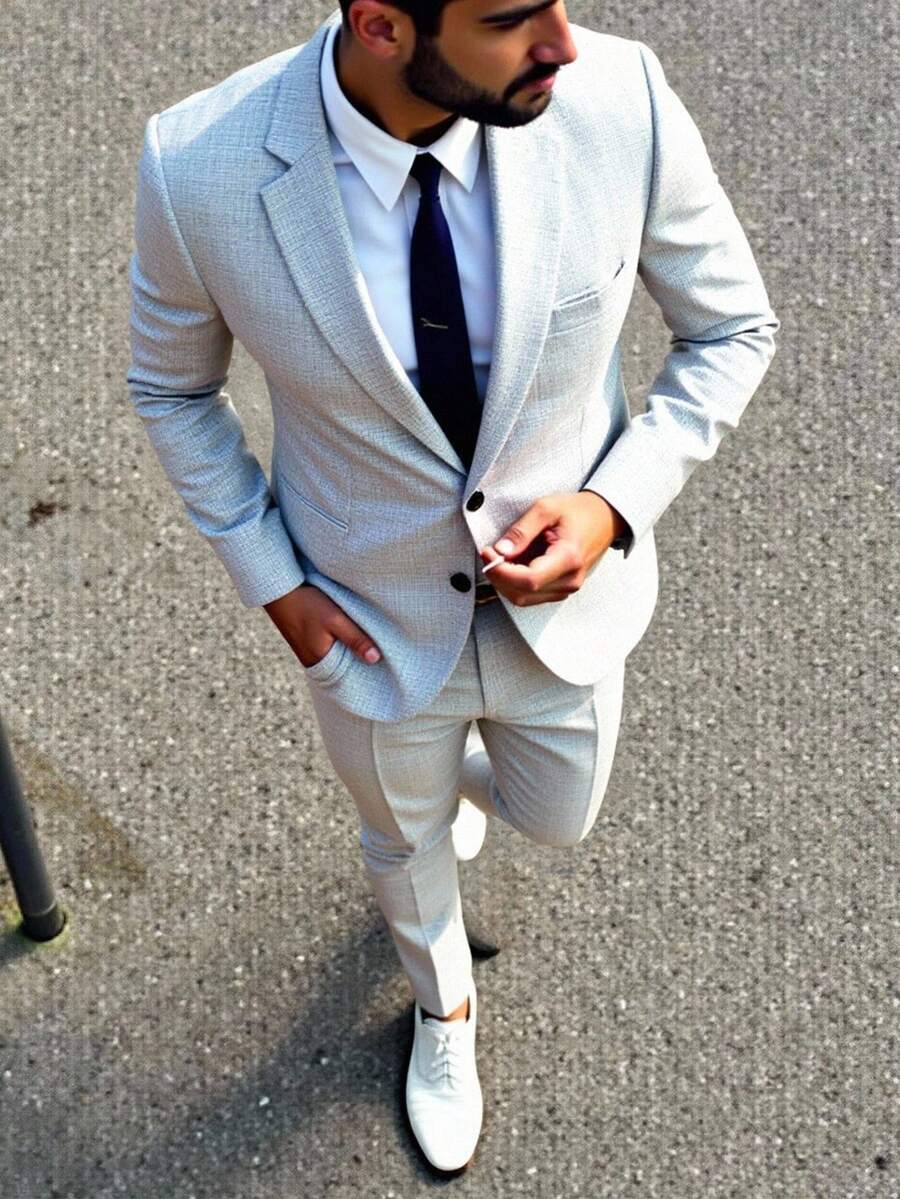 Manfinity Mode Men's Notched Lapel Single-Breasted Formal Suit Set - Light Grey - View 1