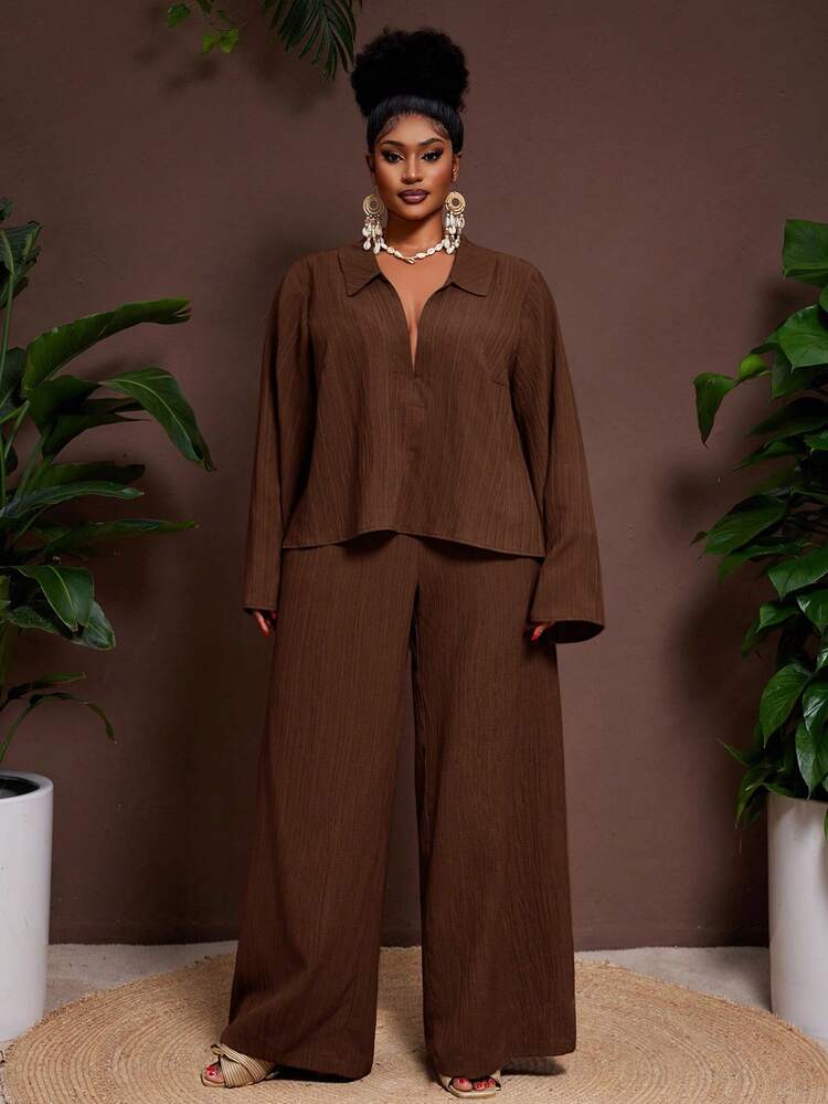 Veslaya 2025 New Spring/Fall Solid Color Jam Color V-Neck Solid Shirt With Flared Sleeves And Wide Leg Pants Set,Fall Clothes For Women - Brown - View 5