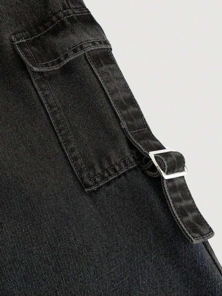 SHEIN Girlism Tween Girl Y2K 街头风格酷炫阔腿工装宽松工装牛仔裤，采用石洗和翻盖口袋设计 - 黑色 - 查看 3