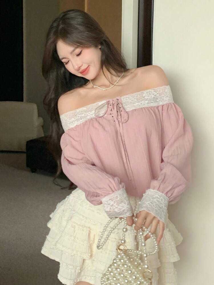 Lace Patchwork Off Shoulder Blouse With Drawstring Tie, Casual Vacation Long Sleeve Shirt For Women, Suitable For Spring, Summer And Autumn