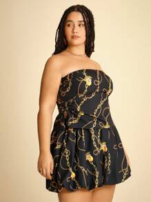 CAJUNI Ensemble Top bandeau froncé imprimé citron et chaîne dorée et mini-jupe à bulles assorti, pour femmes grande taille, décontracté pour les vacances - Multicolore - Voir 4