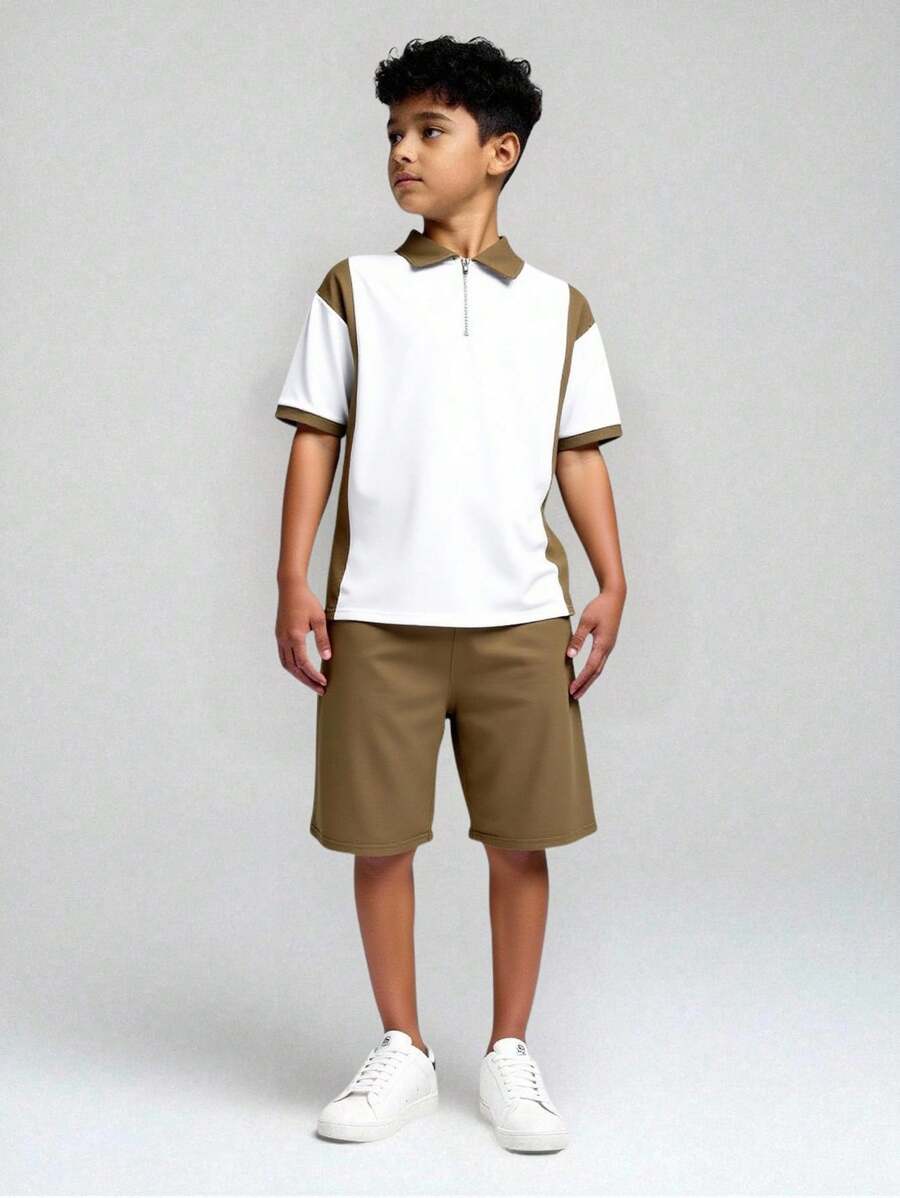 SHEIN 2pcs/Set Teen Boys Casual Academy Style Polo Collar Short Sleeve Top And Shorts Set, Suitable For Commute, School, Leisure, Sports, Spring/Summer