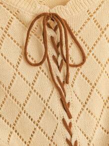 Franclia 博主风时尚撞色系带镂空花卉流苏套头毛衣，欧美新款秋冬女装流苏针织衫系带毛衣针织外套黄色毛衣女装秋季优雅时尚休闲通勤商务办公日常休闲百搭气质都市教师职业装，圣诞节 - 黃色 - 查看 4