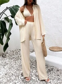 ZIRRA 3 件套女士纯色落肩长袖纹理面料衬衫和阔腿裤套装 - 杏色 - 查看 3