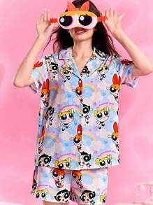 THE POWERPUFF GIRLS X SHEIN 女士蓝色短袖上衣和短裤睡衣套装，可爱卡通，泡泡、花朵、毛茛、云朵彩虹图案，梦幻、基本款休闲又酷炫，女士返校装，返校，学校上衣，基本款上衣，秋冬 - 藍色 - 查看 1