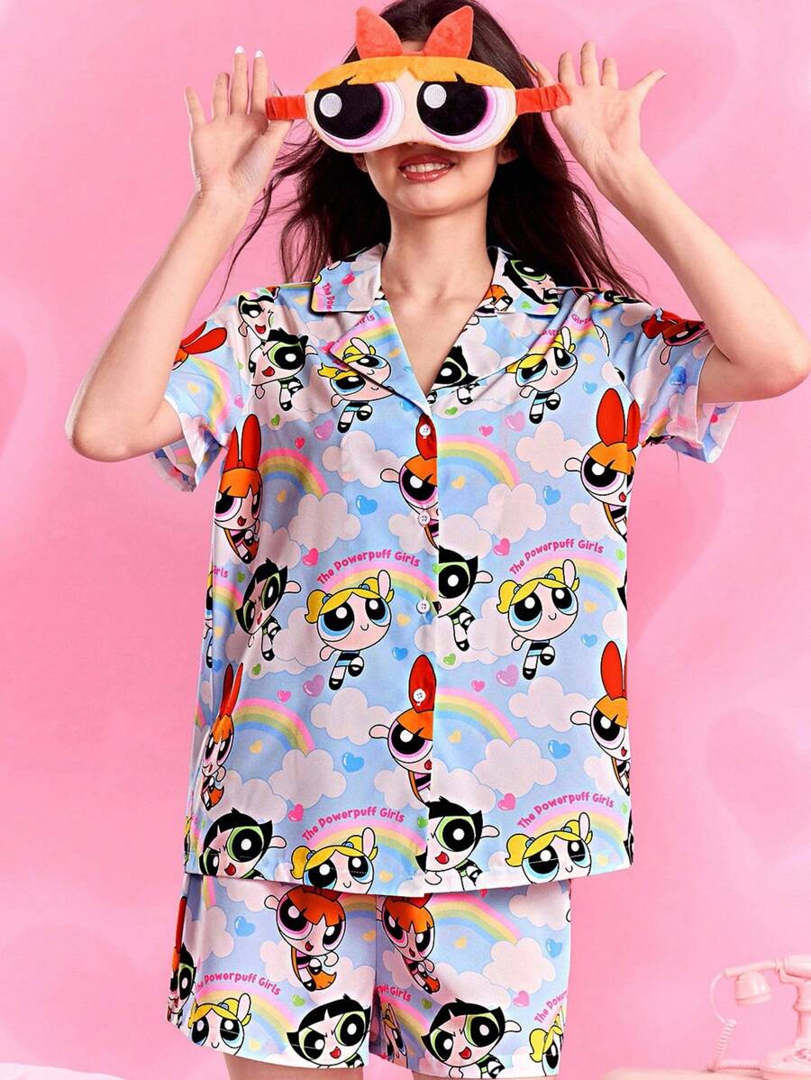 THE POWERPUFF GIRLS X SHEIN 女士蓝色短袖上衣和短裤睡衣套装，可爱卡通，泡泡、花朵、毛茛、云朵彩虹图案，梦幻、基本款休闲又酷炫，女士返校装，返校，学校上衣，基本款上衣，秋冬 - 藍色 - 查看 1
