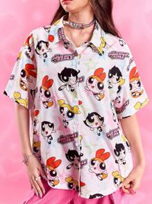 THE POWERPUFF GIRLS X SHEIN 女款白色卡通可爱宽松衬衫，花朵、泡泡、毛茛图案，基本款休闲时尚，开学季女士，开学季，学校上衣，基本款上衣，秋冬 - 彩色 - 查看 1