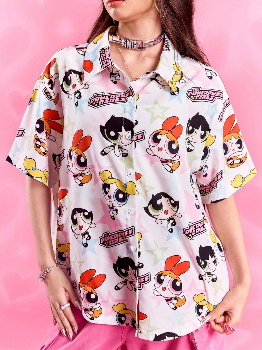 THE POWERPUFF GIRLS X SHEIN 女款白色卡通可爱宽松衬衫，花朵、泡泡、毛茛图案，基本款休闲时尚，开学季女士，开学季，学校上衣，基本款上衣，秋冬 - 彩色 - 查看 1