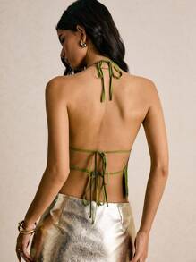 Poéselle Sexy Beaded Embroidery Backless Halter Top, Summer - Green - View 2