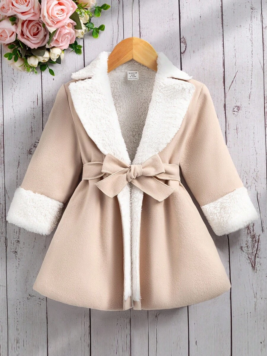 SHEIN Baby Girls' Autumn/Winter Fashion Elegant Classic Long Sleeve Lapel Faux Fur Collar Overcoat