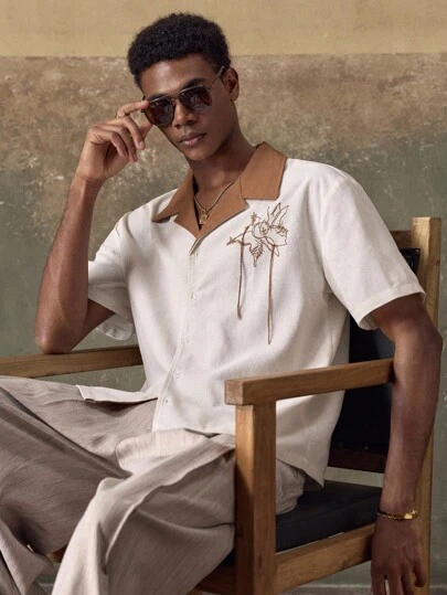 AKNOTIC Áo sơ mi nam tay ngắn thêu màu tương phản thường ngày