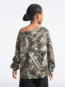 Coolane Kids Tween Girls Spring/Summer Y2K Graphics Stretchy Off The Shoulder Sweatshirt - Army Green - View 2