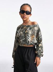 Coolane Kids Tween Girls Spring/Summer Y2K Graphics Stretchy Off The Shoulder Sweatshirt - Army Green - View 4