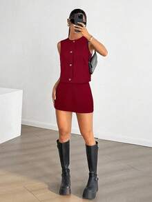 SHEIN EZwear 女士勃艮第色单排扣背心和裙子休闲两件套 - 酒紅色 - 查看 4