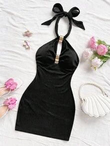 Soleia 休闲度假西部海滩婚礼宾客服装毕业早午餐春假圣帕特里克节春假复活节节日优雅波西米亚风热带时尚镂空露背蝴蝶结吊带迷你连衣裙 - 黑色 - 查看 4