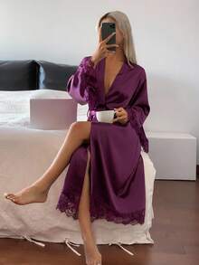 DAZY Charming Satin Contrast Lace Long Robe For Women, Fall Pajama - Purple - View 5