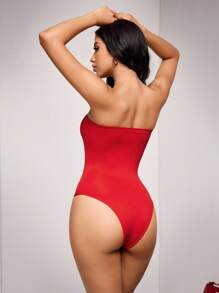 Women's Solid Color Seamless Strapless Bodysuit - Red - View 2