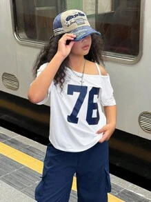 SHEIN Explorewe Streecool Tween Girl 女童休闲运动时尚数字印花不对称领口短袖上衣和宽松工装裤，带口袋，夏季