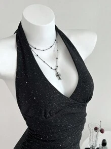 Elamini 百搭深 V 领金属纱紧身衣，适合春、夏、秋、冬