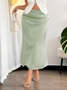 Firerie Plus Size Women Green Satin Mermaid Skirt, Romantic Fitted Back To School Fall