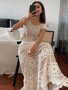 DAZY 2pcs Women's Summer Vacation Style Knit Vest And Skirt Set - Beige - View 1