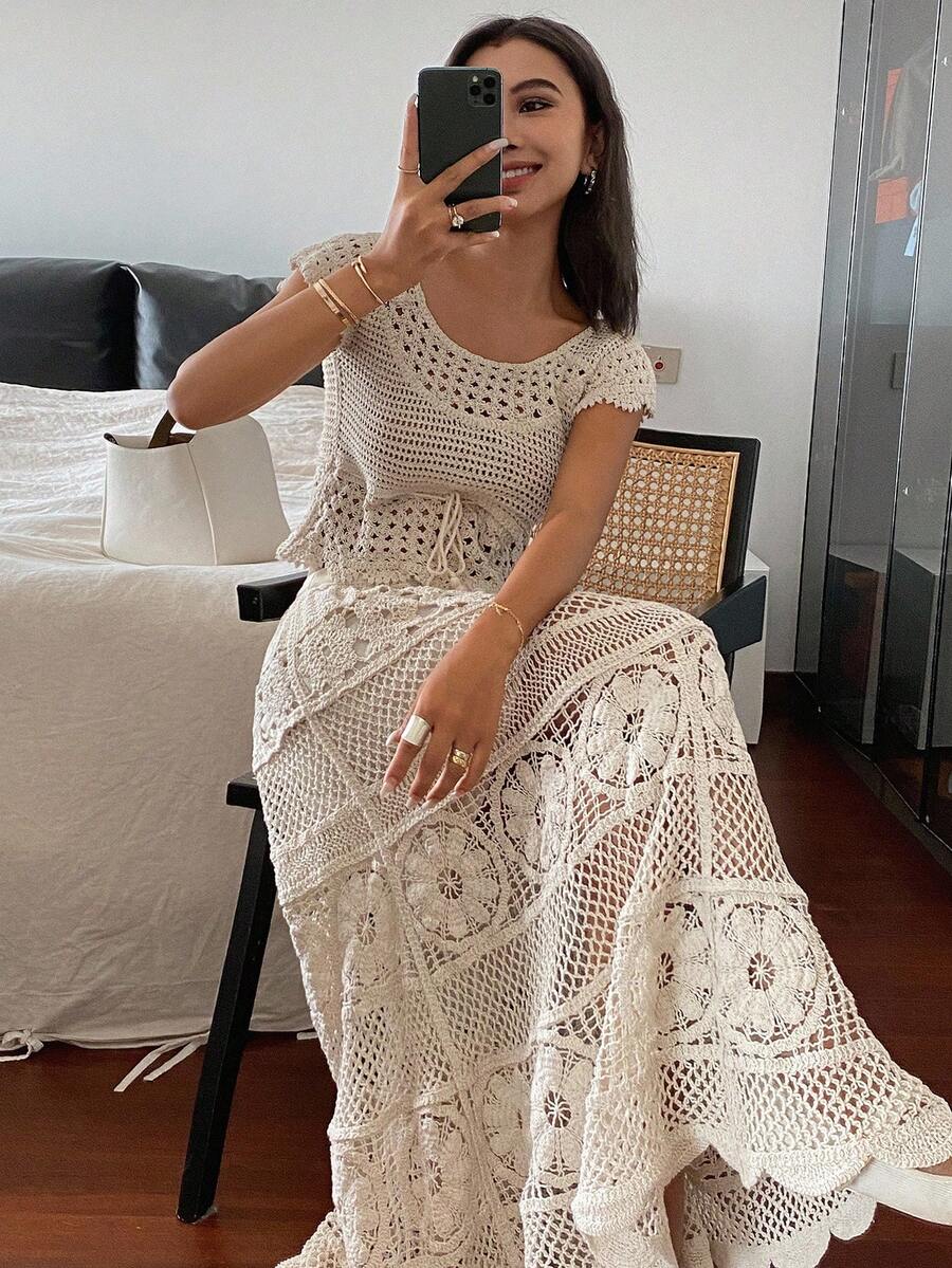 DAZY 2pcs Women's Summer Vacation Style Knit Vest And Skirt Set - Beige - View 1