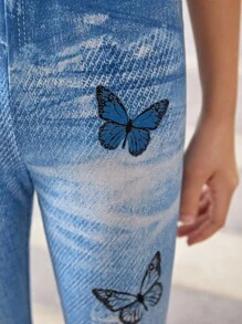SHEIN Tween Girl Denim-Effect & Butterfly Print Leggings - Multicolor - View 6