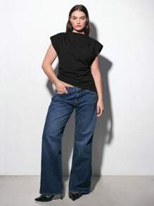 Maija 2025 加大码女式纯色中式立领褶皱不对称下摆垫肩无袖上衣，职业通勤装 - 黑色 - 查看 3