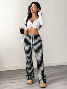 Pantalones casuales de mujer con cintura con cordón acanalado, para primavera/otoño - Multicolor - Ver 3