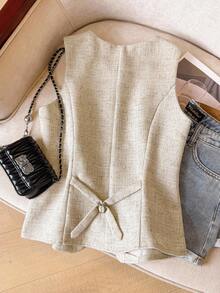 SHEIN Frenchy 简约前扣休闲无袖女士西装外套，适合日常通勤 - 杏色 - 查看 4