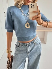 Siren Gaze Áo len nữ tay ngắn màu trơn đơn giản thời trang thường ngày đa năng - Màu xanh bụi bặm - Xem 4