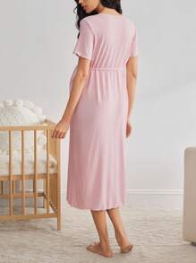 Moonlight&Mama Comfortable Striped Elastic Drawstring Short Sleeve Nightgown, Maternity Loungewear - Pink - View 2