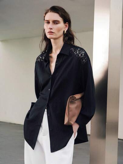  Uhlyne - 黑色亚麻镂空蕾丝拼接长袖衬衫，优雅宽松简约休闲通勤装，休闲别致简约风格，适合办公室、商务休闲女性