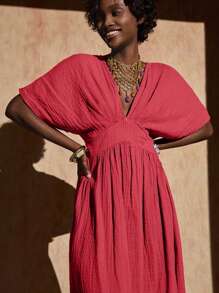 Green Printed Long Summer Of Shoulder Dress - Pink - View 4