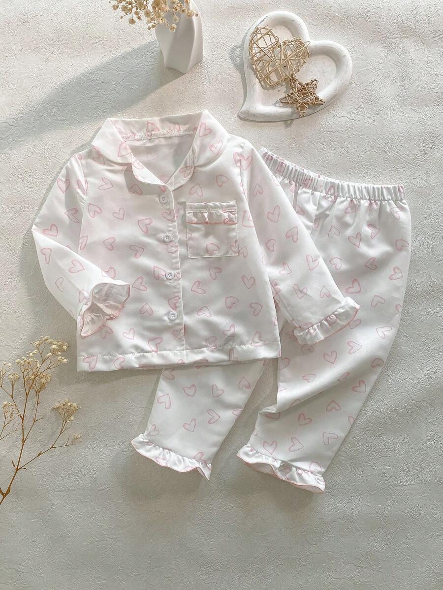 2 件套女婴长袖圆领荷叶边袖口心形印花上衣和心形印花荷叶边下摆裤子套装 - 淺粉色 - 查看 1